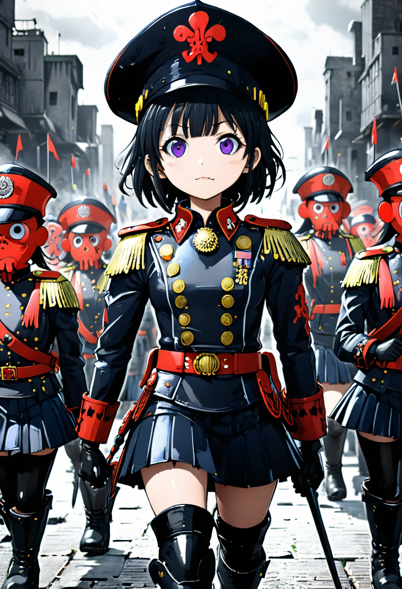 3D,Rendering,Unreal Engine,Octane Rendering,in style of Takeshi Obata,(Anime style artist by A. R. Penck:1.2),high res image,masterpiece,best quality,girl,cowboy shot,cute face,simple background,jyojifuku,marching,hat,boots,gloves,epaulettes,skirt,
