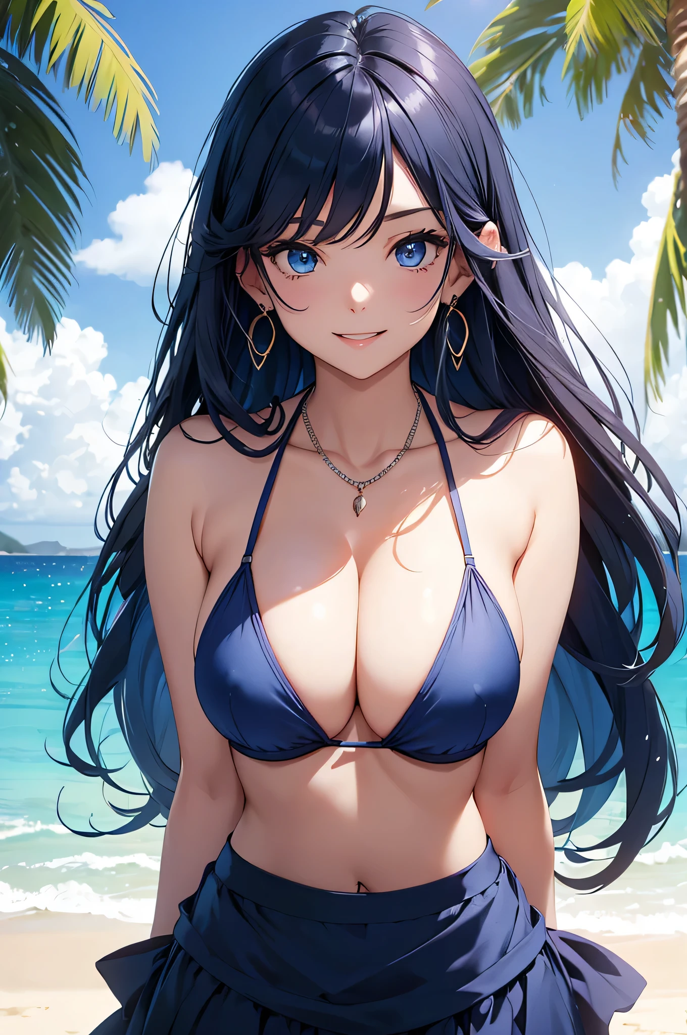 beautiful girl,Long dark blue hair ,blue eyes,Navy Blue Bikini、Big cleavage、(Big Breasts)、smile、blue necklace、Blue Earrings、background(Beach)、Sexy pose、Please open your mouth wide、Navy Blue Skirt