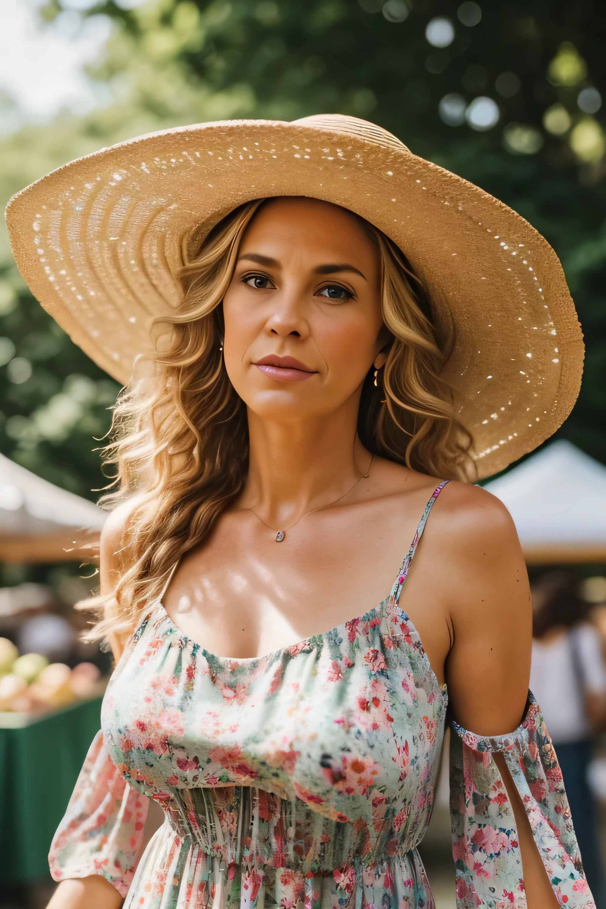 full body Portrait of a middle aged American woman, fifty years old, attractive girl next door face, slim and thin body, long blond curly hair, Torptits, (large saggy tits:1.1), Huge Nipples, wearing a (A flowy maxi dress with floral prints paired with a wide-brimmed hat and ankle boots. :1.2), Glance over one shoulder while walking away from the camera at a farmers market, bokeh background, simple background, (highly detailed skin:1.0), (masterpiece:1.2) (photorealistic:1.2) (bokeh) (best quality) (intricate details) (8k) (HDR) (analog film) (canon d5) (cinematic lighting) (sharp focus),