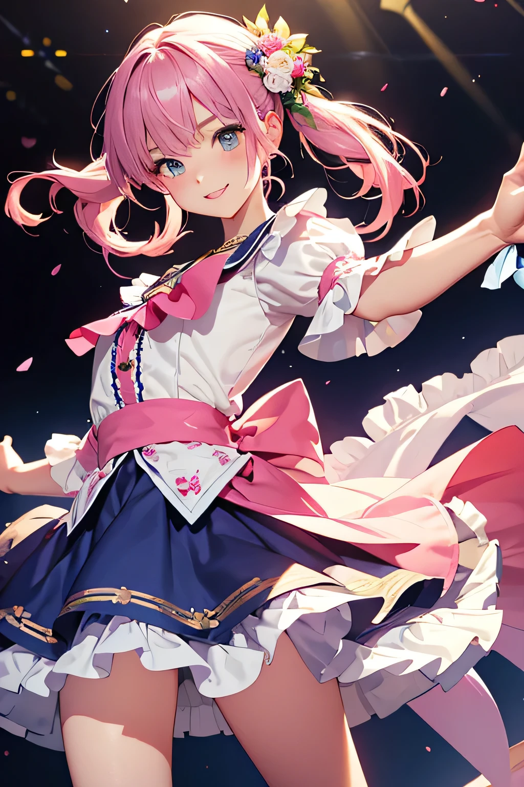 highest quality、High resolution、Detailed Background、(Beautiful face in every detail:1.4)、Anatomically correct、(Detailed facial expressions)、(Detailed eyes:1.2)、(Detailed eyes:1.2)、Teenage beauty、(Highly detailed face:1.4)、Brightly colored hair、well-groomed eyebrows、Cosplay-style sailor dress、No sleeve、White Stockings、Smiling and dancing on stage、A big smile、Impressive、Uplifting、Idol Style、Show your side、
Bright colors and pop colors、pink、yellow、Pastel colors etc.、Ruffles and laces、Sleeves and hems of clothing、Ruffles and laces are applied to the collar etc.、Animal and floral patternotifs such as hearts、Dresses and skirts、Femininity and cuteness、Hair accessories and ribbons