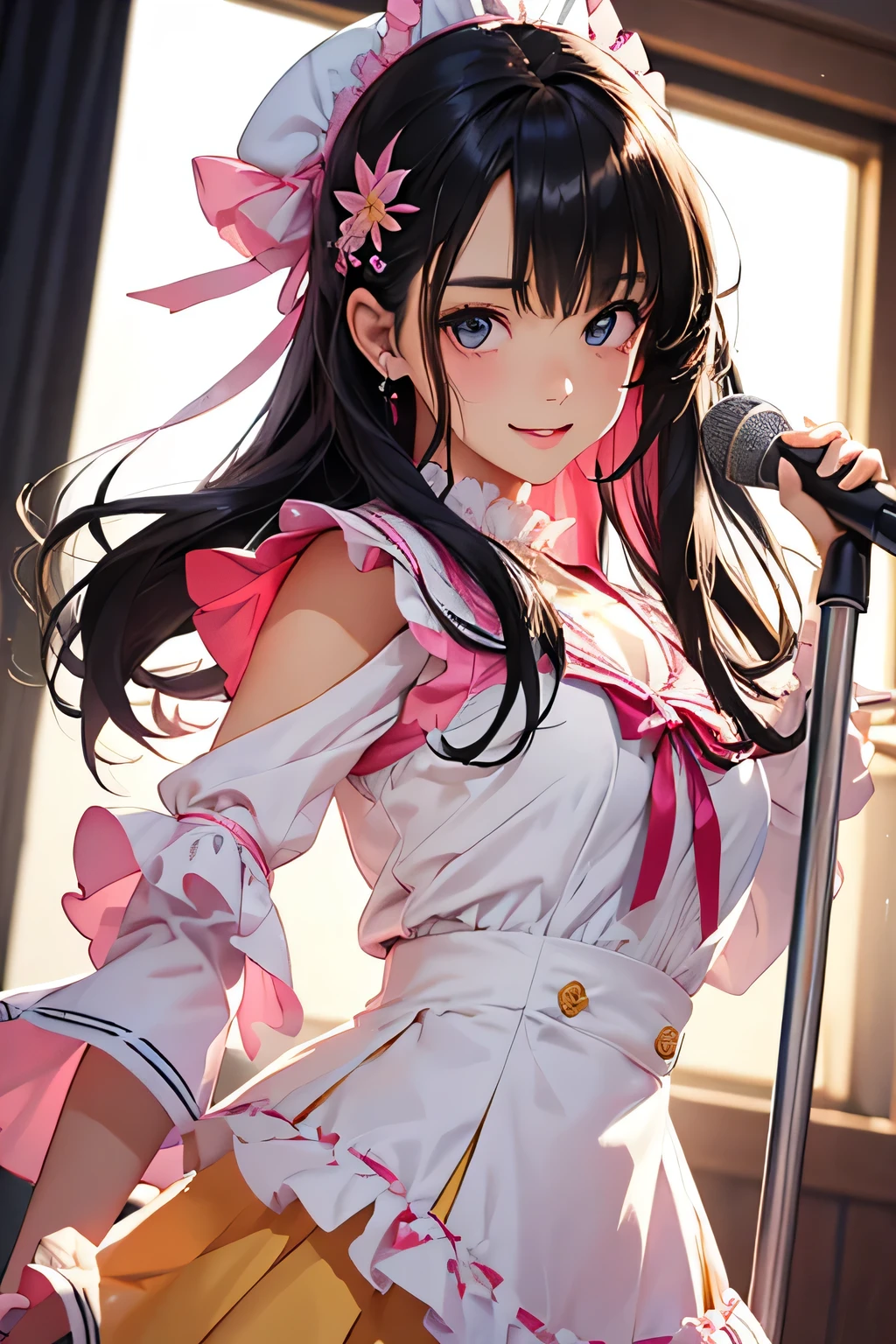 highest quality、High resolution、Detailed Background、(Beautiful face in every detail:1.4)、Anatomically correct、(Detailed facial expressions)、(Detailed eyes:1.2)、(Detailed eyes:1.2)、 beauty、(Highly detailed face:1.4)、Brightly colored hair、well-groomed eyebrows、Cosplay-style sailor dress、No sleeve、White Stockings、Smiling and dancing on stage、A big smile、Impressive、Uplifting、Idol Style、Show your side、
Bright colors and pop colors、pink、yellow、Pastel colors etc.、Ruffles and laces、Sleeves and hems of clothing、Ruffles and laces are applied to the collar etc.、Animal and floral patternotifs such as hearts、Dresses and skirts、Femininity and cuteness、Hair accessories and ribbons