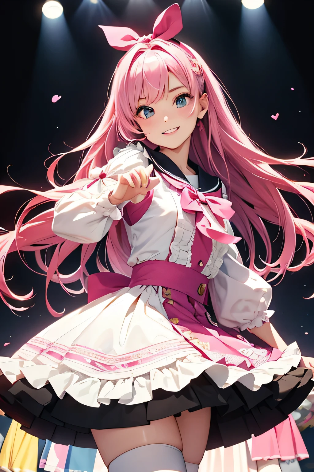 highest quality、High resolution、Detailed Background、(Beautiful face in every detail:1.4)、Anatomically correct、(Detailed facial expressions)、(Detailed eyes:1.2)、(Detailed eyes:1.2)、 beauty、(Highly detailed face:1.4)、Brightly colored hair、well-groomed eyebrows、Cosplay-style sailor dress、No sleeve、White Stockings、Smiling and dancing on stage、A big smile、Impressive、Uplifting、Idol Style、Show your side、
Bright colors and pop colors、pink、yellow、Pastel colors etc.、Ruffles and laces、Sleeves and hems of clothing、Ruffles and laces are applied to the collar etc.、Animal and floral patternotifs such as hearts、Dresses and skirts、Femininity and cuteness、Hair accessories and ribbons
