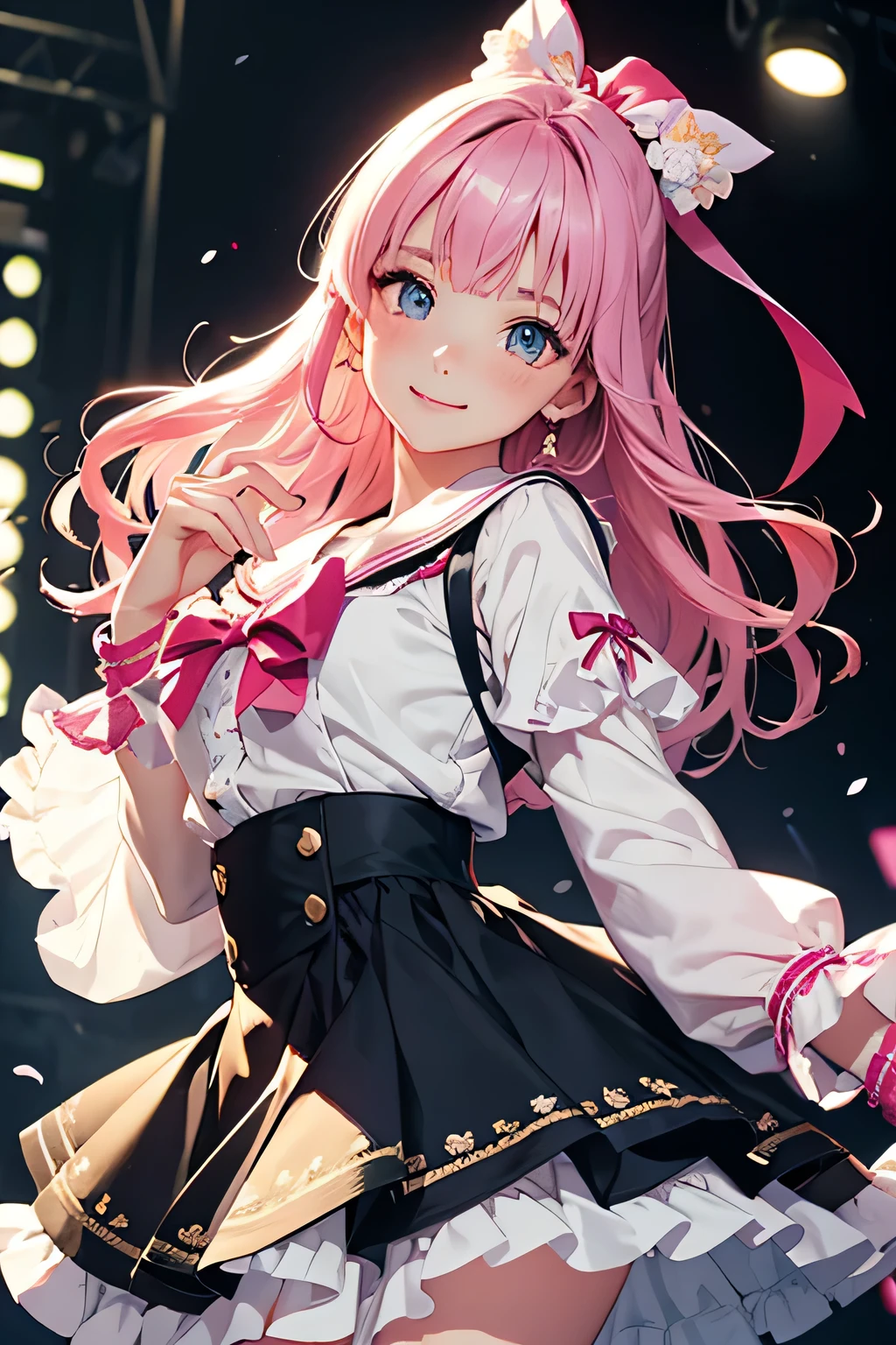 highest quality、High resolution、Detailed Background、(Beautiful face in every detail:1.4)、Anatomically correct、(Detailed facial expressions)、(Detailed eyes:1.2)、(Detailed eyes:1.2)、 beauty、(Highly detailed face:1.4)、Brightly colored hair、well-groomed eyebrows、Cosplay-style sailor dress、No sleeve、White Stockings、Smiling and dancing on stage、A big smile、Impressive、Uplifting、Idol Style、Show your side、
Bright colors and pop colors、pink、yellow、Pastel colors etc.、Ruffles and laces、Sleeves and hems of clothing、Ruffles and laces are applied to the collar etc.、Animal and floral patternotifs such as hearts、Dresses and skirts、Femininity and cuteness、Hair accessories and ribbons