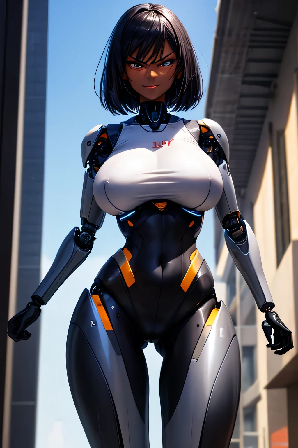 tall, shiny skin, glossy skin, fit, dark skin, very dark skin, very long legs , cameltoe, robot, android, cyborg, short black hair, angry smile, huge breasts, 2 heads