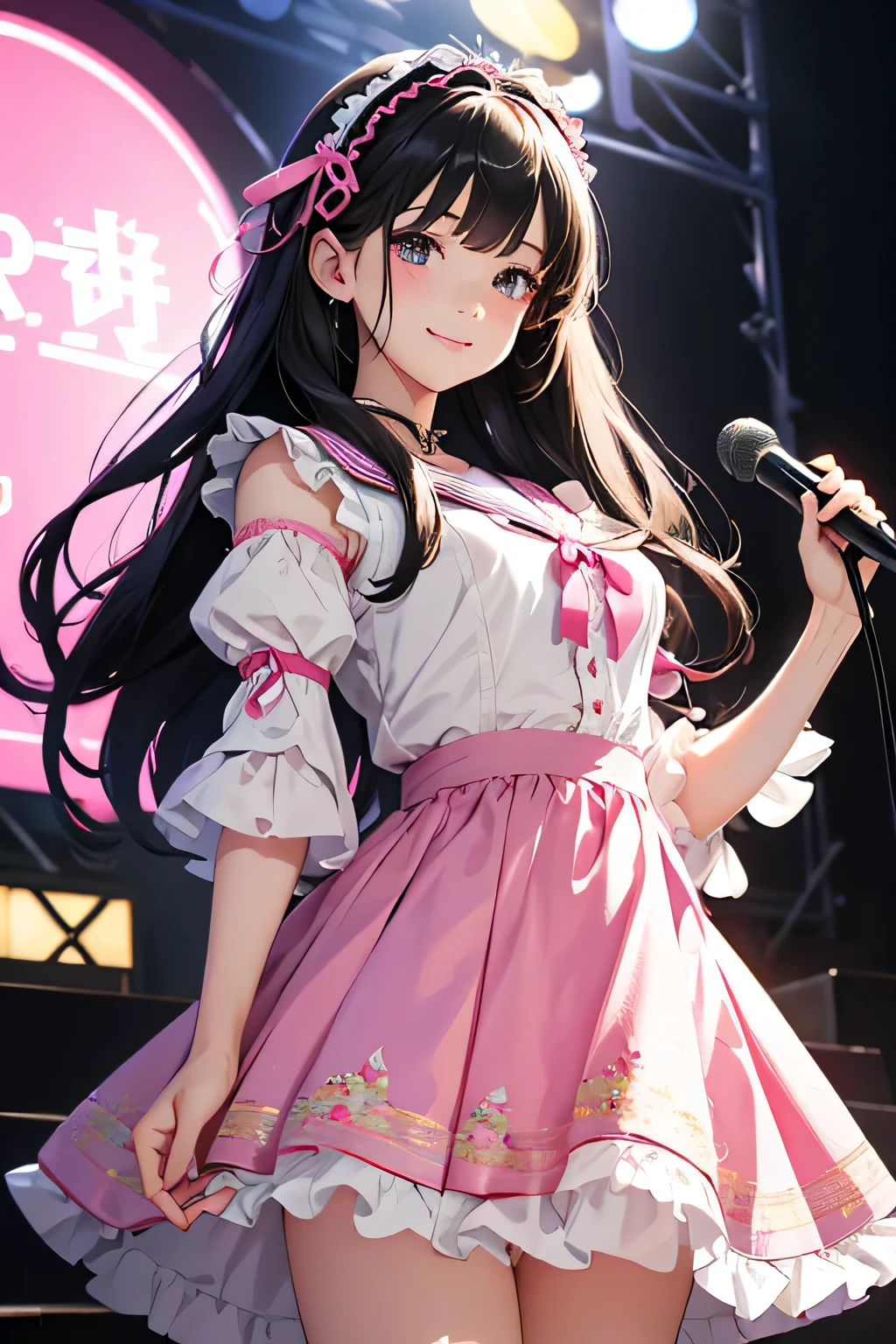 highest quality、High resolution、Detailed Background、(Beautiful face in every detail:1.4)、Anatomically correct、(Detailed facial expressions)、(Detailed eyes:1.2)、(Detailed eyes:1.2)、Teenage beauty、(Highly detailed face:1.4)、Brightly colored hair、well-groomed eyebrows、Cosplay-style sailor dress、No sleeve、White Stockings、Smiling and dancing on stage、A big smile、Impressive、Uplifting、Idol Style、Show your side、
Bright colors and pop colors、pink、yellow、Pastel colors etc.、Ruffles and laces、Sleeves and hems of clothing、Ruffles and laces are applied to the collar etc.、Animal and floral patternotifs such as hearts、Dresses and skirts、Femininity and cuteness、Hair accessories and ribbons