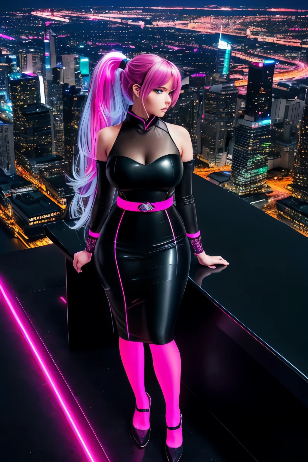 Anime, (artwork, best quality, ultra-detailed, high contrast), 1 woman (Alone, full body, plus size body, standing on the edge of a towering skyscraper, silver hair streaming down in a long ponytail, captivating red eyes with perfect ruby sparkles, simple black qipao revealing her curves, black cybernetics with neon pink accents, transparent black socks revealing her stockinged feet), (skyscraper roof, overlooking a metropolitan cityscape, detailed background (night time, enchanting darkness, low light pollution, intricate city lights twinkling like stars)).