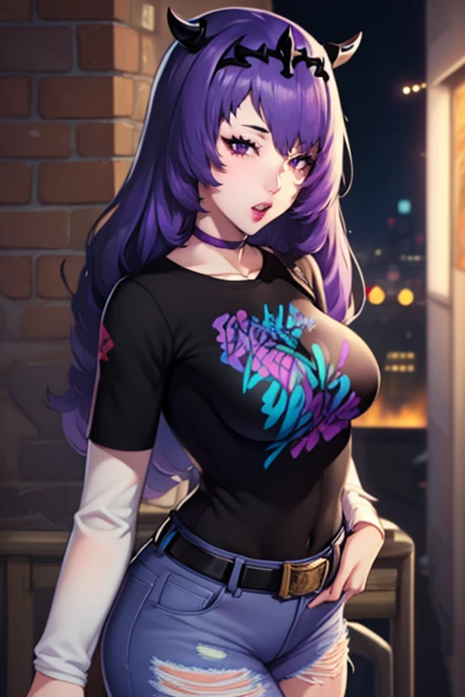 defCamilla, tiara, purple hair, 1girl, solo, standing, black t-shirt, white shirt, blue jeans, belt, lipstick, large breasts