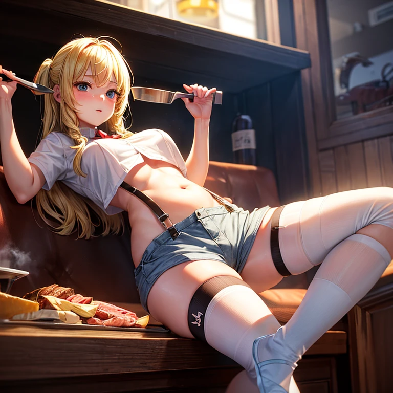 Blonde girl eating steak at steakhouse　Wearing sneakers　High leg shorts with suspenders　Large Breasts　Showing her belly button　Ultra low rise　Knee-high socks　　No underwear　Belt on chest