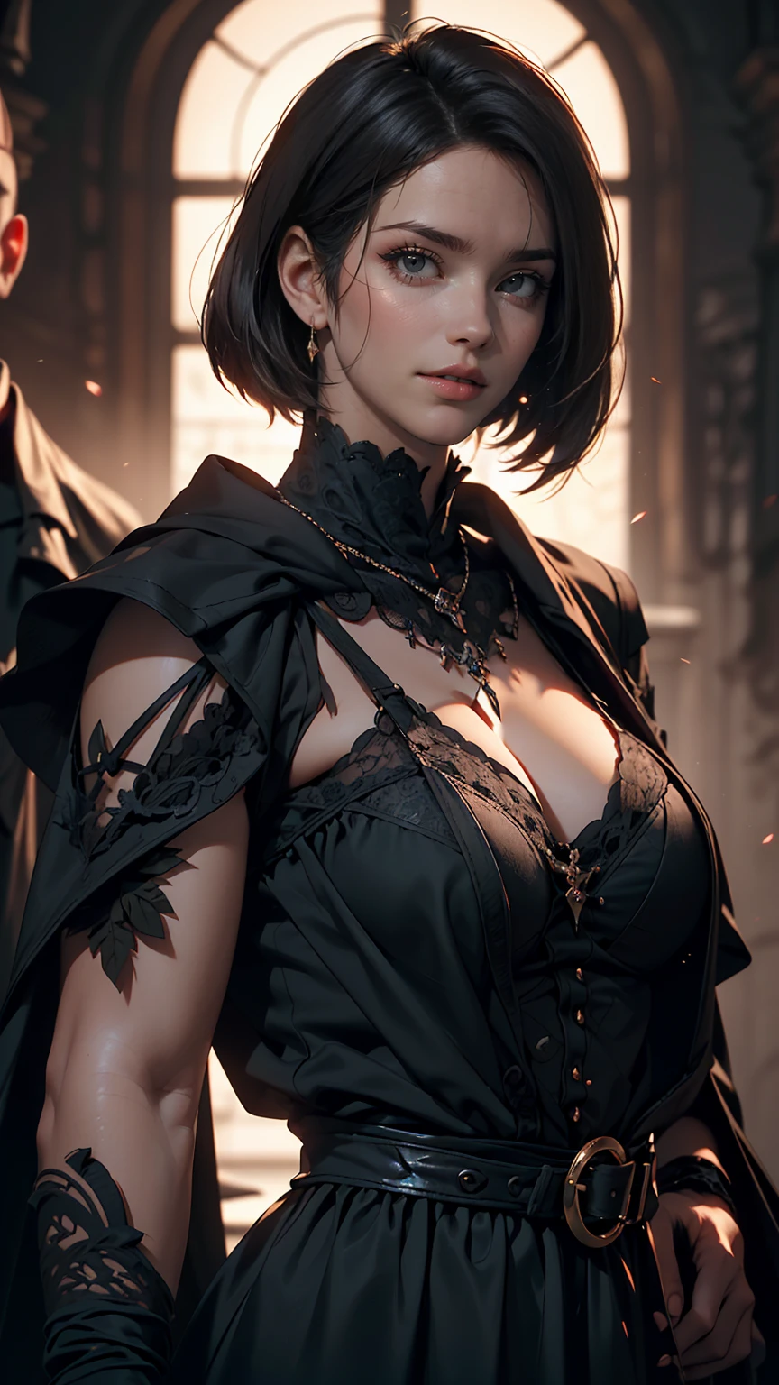 (high quality: 1.3), Cinematic shots, masterpiece, (Sharp focus: 1.5), (Realistic: 1.3), Medium portrait (Beautiful young vampire woman, Pale skin, Gothic, Still proud、Brave, Straight black short bob hair, Dark look, Wearing a very finely crafted dark tunic, Dark atmosphere, but、Sculpting shapes with sharp chiaroscuro), It&#39;s night, (Highly detailed skin), (Detailed face),  Detailed Background, Dim lighting, dusk lighting, Volumetric lighting, Intricate details, Ultra-high resolution,