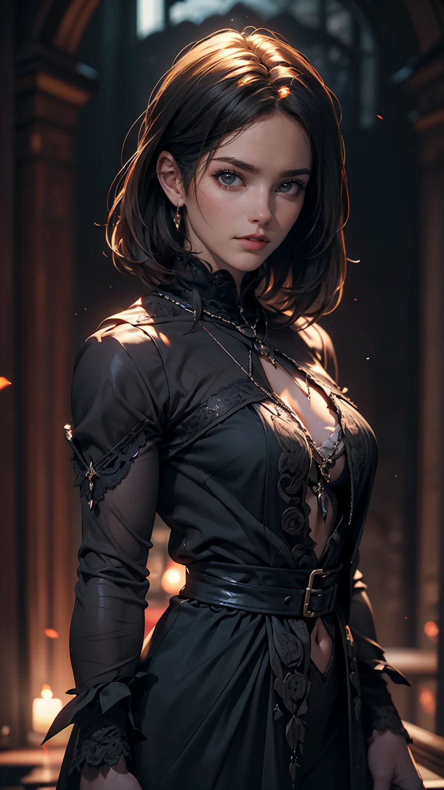 (high quality: 1.3), Cinematic shots, masterpiece, (Sharp focus: 1.5), (Realistic: 1.3), Medium portrait (Beautiful young vampire woman, Pale skin, Gothic, Still proud、Brave, Straight black short bob hair, Dark look, Wearing a very finely crafted dark tunic, Dark atmosphere, but、Sculpting shapes with sharp chiaroscuro), It's night, (Highly detailed skin), (Detailed face), Detailed Background, Dim lighting, dusk lighting, Volumetric lighting, Intricate details, Ultra-high resolution,