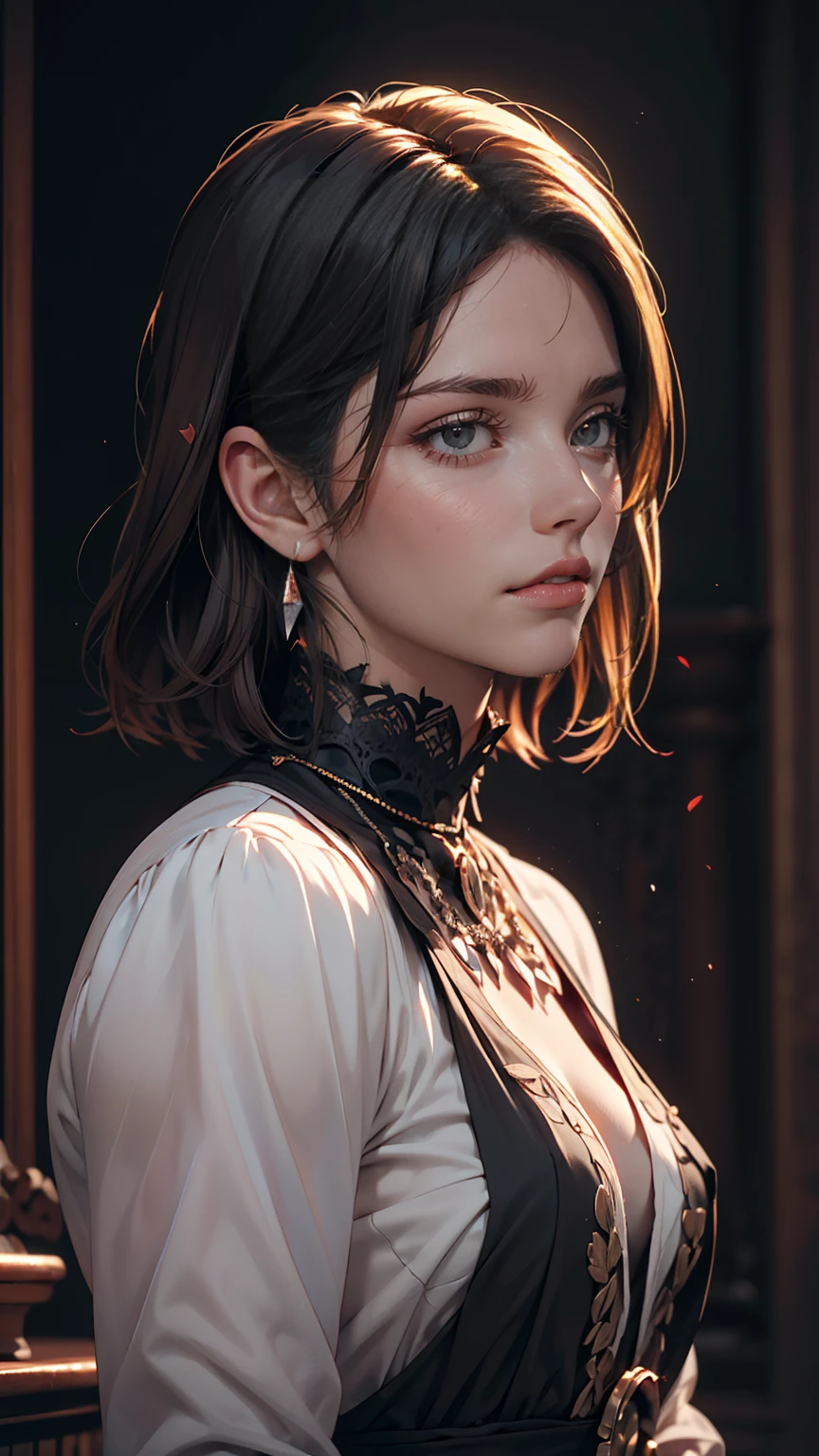 (high quality: 1.3), Cinematic shots, masterpiece, (Sharp focus: 1.5), (Realistic: 1.3), Medium portrait (Beautiful young vampire woman, Pale skin, Gothic, Still proud、Brave, Straight black short bob hair, Dark look, Wearing a very finely crafted dark tunic, Dark atmosphere, but、Sculpting shapes with sharp chiaroscuro), It's night, (Highly detailed skin), (Detailed face), Detailed Background, Dim lighting, dusk lighting, Volumetric lighting, Intricate details, Ultra-high resolution,