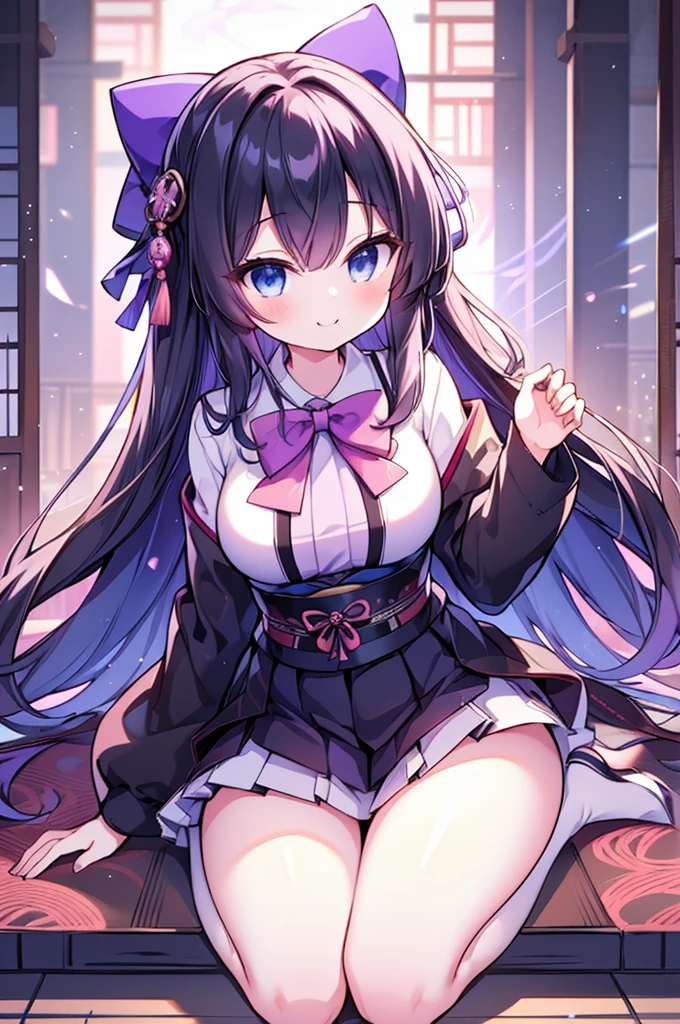 masterpiece, best quality, ultra realistic illustration, 16K, (HDR), high resolution, female_solo, (white long hair:1.3) , slender hot body proportion , smiling at viewer, 1 Japanese girl with blue eyes, (wearing beautiful long white shirt+loose cropped haori +bow tie+pleated black short skirt+stockings skirt+shoes:1.1), full-body shot, ( legs apart+showing black underwear) , (highly detailed background of ancient Japan buildings with cyberpunk style+neon lights:1.0),(pink +puple backing lighting, blue front lighting), add More Detail, Color magic,perfect fingers, girl, samurai, jp_school_uniform