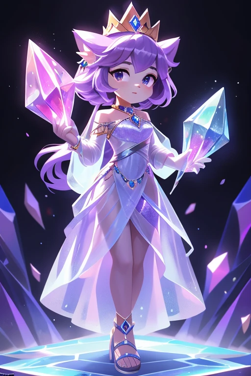 Nome: Crystalis
Poder: Crystal manipulation and ability to create protective shields Cor: Translucent lilac with touches of silver Clothing: A long, flowing dress in translucent lilac, com detalhes prateados que lembram fragmentos de cristal. Silver sandals with shiny details.
accessories: A lilac crystal crown and drop earrings with precious stones.
Personagem 4: