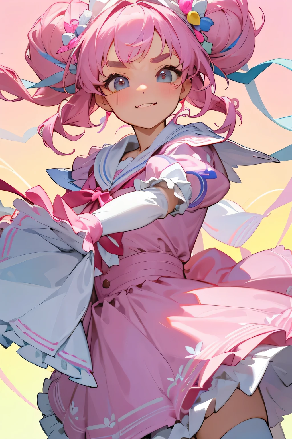 highest quality、High resolution、Detailed Background、(Beautiful face in every detail:1.4)、Anatomically correct、(Detailed facial expressions)、(Detailed eyes:1.2)、(Detailed eyes:1.2)、Teenage beauty、(Highly detailed face:1.4)、Brightly colored hair、well-groomed eyebrows、Cosplay-style sailor dress、No sleeve、White Stockings、Smiling and dancing on stage、A big smile、Impressive、Uplifting、Idol Style、Show your side、
Bright colors and pop colors、pink、yellow、Pastel colors etc.、Ruffles and laces、Sleeves and hems of clothing、Ruffles and laces are applied to the collar etc.、Animal and floral patternotifs such as hearts、Dresses and skirts、Femininity and cuteness、Hair accessories and ribbons