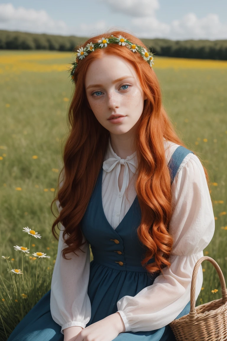 (girl:1.2),alone, (long ginger curly red hair:1.1), blue eyes, freckles, Wearing a daisy wreath on your head, Sit in a daisy field, (fruit basket:1.1), medieval villager outfit,,raw,photographic,photo shadows,actual,Ridiculous,Aesthetic,elegant