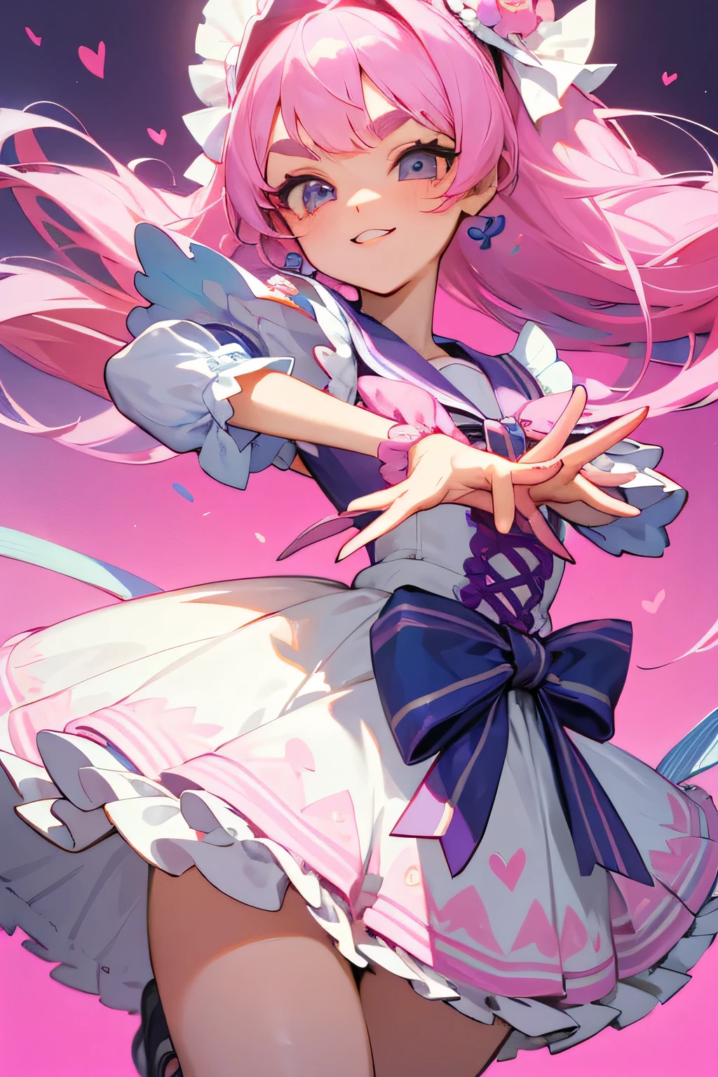 highest quality、High resolution、Detailed Background、(Beautiful face in every detail:1.4)、Anatomically correct、(Detailed facial expressions)、(Detailed eyes:1.2)、(Detailed eyes:1.2)、 beauty、(Highly detailed face:1.4)、Brightly colored hair、well-groomed eyebrows、Cosplay-style sailor dress、No sleeve、White Stockings、Smiling and dancing on stage、A big smile、Impressive、Uplifting、Idol Style、Show your side、
Bright colors and pop colors、pink、yellow、Pastel colors etc.、Ruffles and laces、Sleeves and hems of clothing、Ruffles and laces are applied to the collar etc.、Animal and floral patternotifs such as hearts、Dresses and skirts、Femininity and cuteness、Hair accessories and ribbons