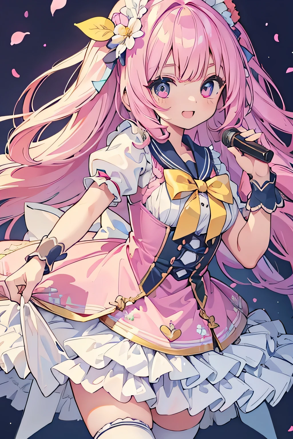 highest quality、High resolution、Detailed Background、(Beautiful face in every detail:1.4)、Anatomically correct、(Detailed facial expressions)、(Detailed eyes:1.2)、(Detailed eyes:1.2)、Teenage beauty、(Highly detailed face:1.4)、Brightly colored hair、well-groomed eyebrows、Cosplay-style sailor dress、No sleeve、White Stockings、Smiling and dancing on stage、A big smile、Impressive、Uplifting、Idol Style、Show your side、
Bright colors and pop colors、pink、yellow、Pastel colors etc.、Ruffles and laces、Sleeves and hems of clothing、Ruffles and laces are applied to the collar etc.、Animal and floral patternotifs such as hearts、Dresses and skirts、Femininity and cuteness、Hair accessories and ribbons