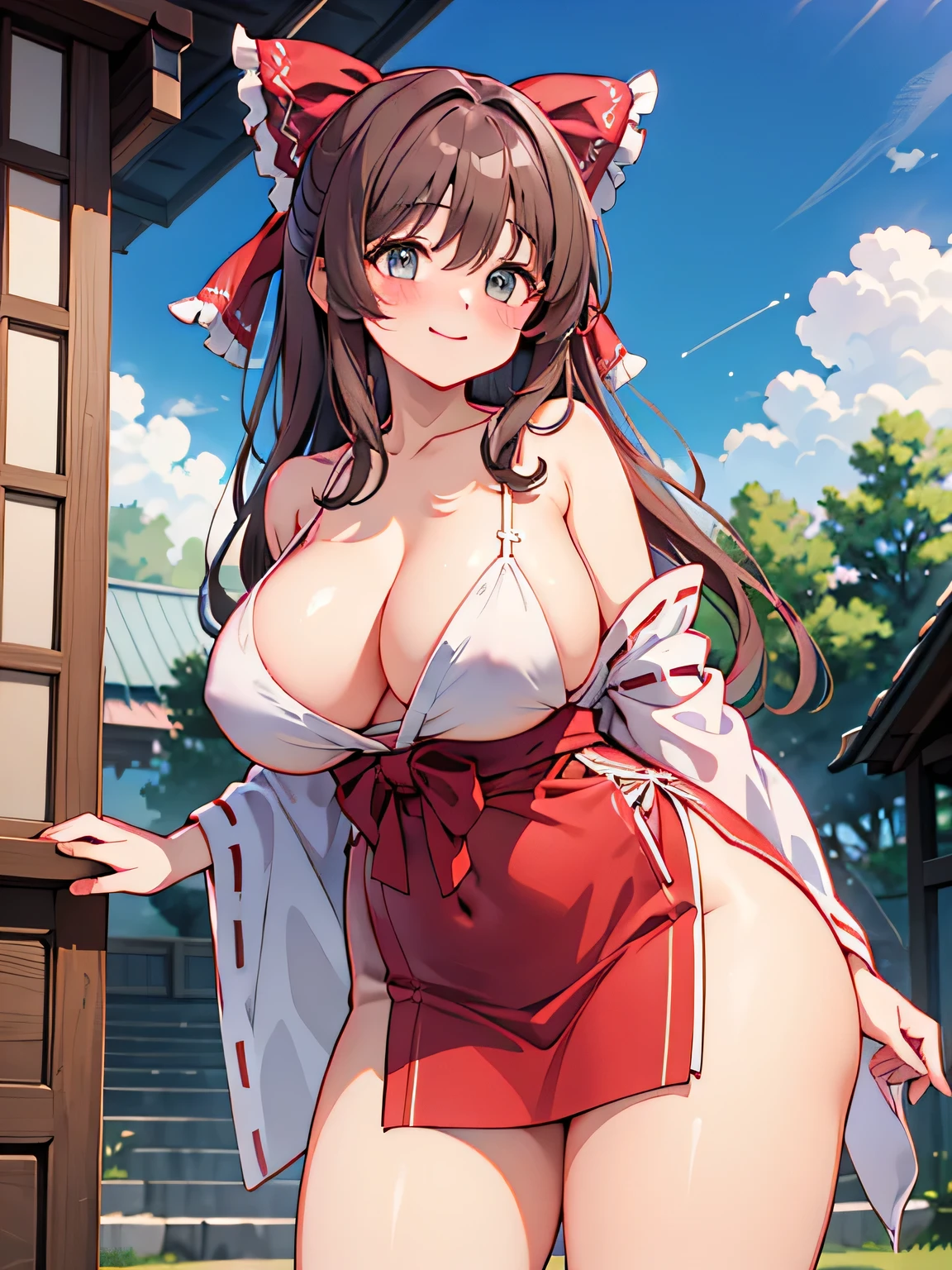 Anime illustration、highest quality、Shrine worship hall、Voluptuous gravure idol、Shrine maiden、Perfect proportions、Overwhelmingly large breasts、Thick legs、Beautiful, shining eyes、Blushing、smile、Cowboy Shot、Reimu Hakurei