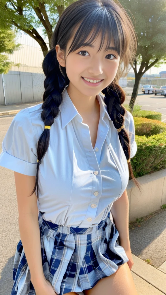 (masterpiece:1.3, highest quality, Ultra-high resolution, Very detailed), (Realistic:1.1, photoRealistic:1.4), Beautiful illustrations, Perfect lighting, colorful, Written boundary depth,
Beautiful detailsまでこだわった髪, Beautifully detailed face, Beautiful details, Beautiful clavicle, Beautiful body, Beautiful breasts, Beautiful thighs, Beautiful legs, Beautiful fingers,
View your audience, 1 girl, Japanese, high school girl, Perfect Face, (Perfect Anatomy, Anatomically correct), Cute and symmetrical face, , Sunburn, Shiny skin,
(Middle Hair:1.5, Twin tails:1.2, blonde), Asymmetrical bangs, blue eyes, Long eyelashes, (Medium Chest), thin,
((Collared short-sleeved shirt, Light blue shirt, , Grey plaid pleated skirt, To the Navy)), No pants, (Overflowing from the vagina),
(Beautiful views), evening, (Outdoor, distant cityscape), Are standing, (peace sign), (Cute Smile, Blushing、Upward glance, Open your mouth), (Beautiful pussy line like bread)