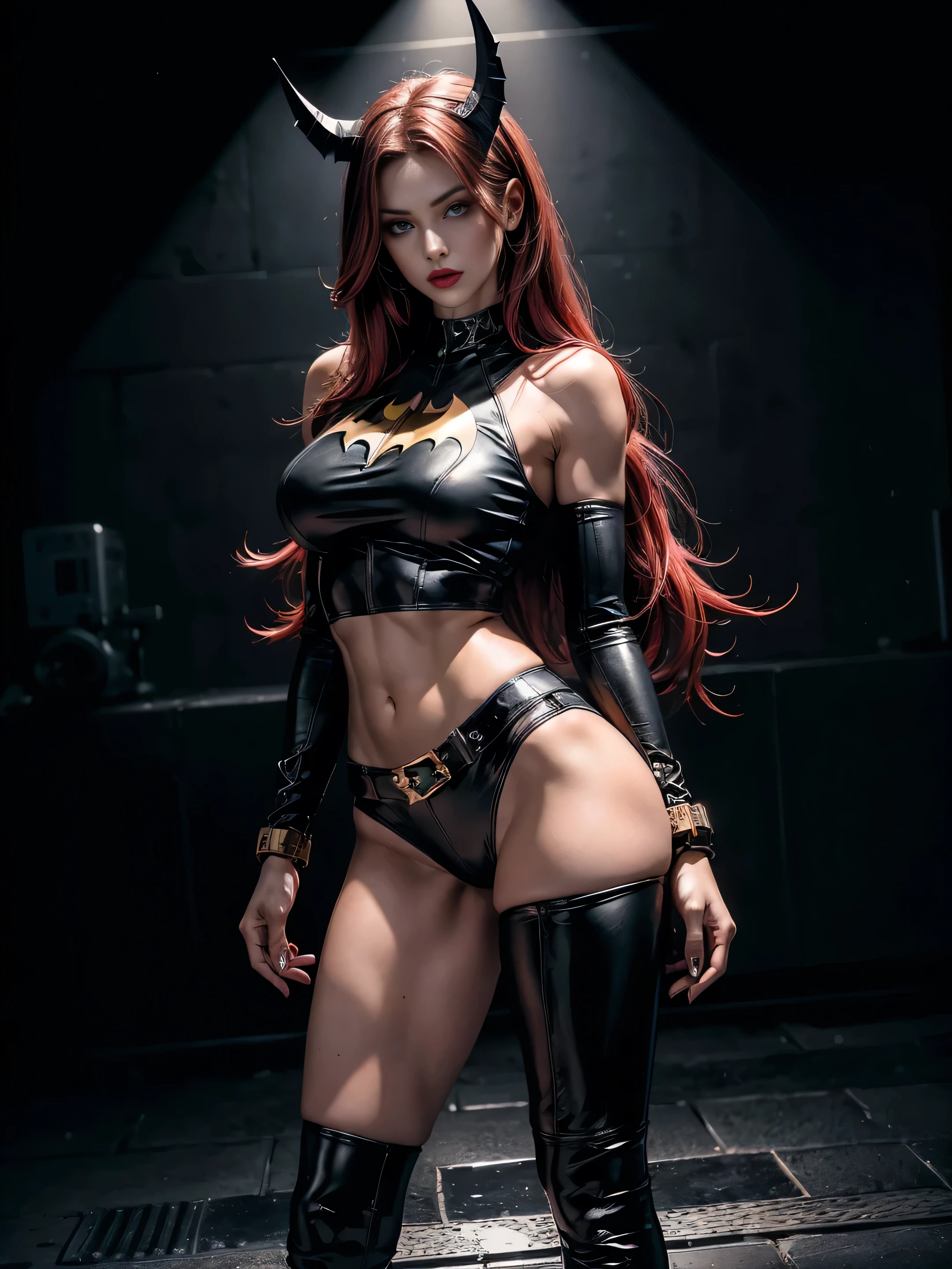 full body batgirl red straight long hair, black eyes, red lips, perfect hands, big breast, broad athletic shoulders, thin waist, long muscular legs, perfect hands, perfect legs, perfect breasts, detailed hands, perfect eyes, detailed eyes, perfect stomach , cool, measured sexy, perfect legs, perfect breasts, detailed hands, perfect eyes, detailed eyes, perfect stomach, cool, measured sexy, standing in a dark room with black steel walls with a startled expression black and yellow leather outfit, New York street night, hyperrealism style extreme details