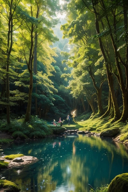 Fairies Poko, Sprite, and Archer in forest setting, magical, sparkling, ethereal, magical kingdom, beautiful