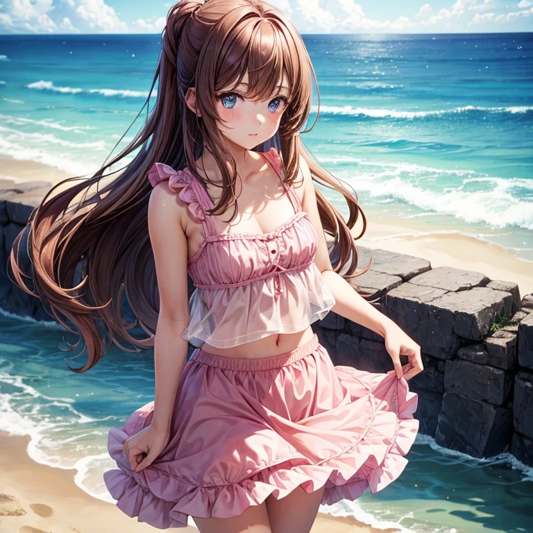 (back of a girl), at the beach, wearing a frilly pink micro skirt with but shown, wearing a frilly pink micro tank top, brown hair, blue eyes, very long hair, standing