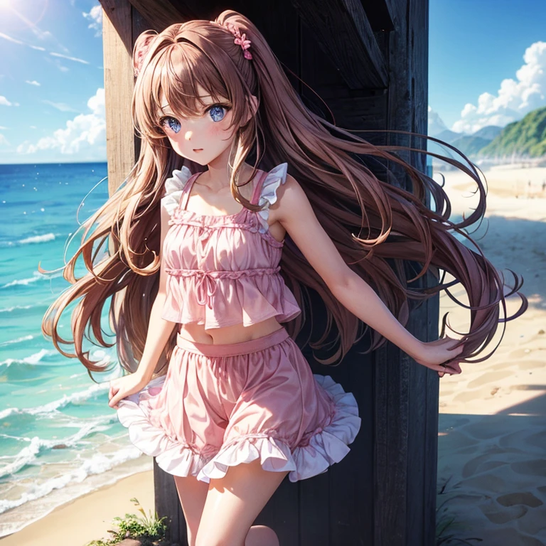 (girl), at the beach, wearing a frilly pink micro skirt with but shown, wearing a frilly pink micro tank top, brown hair, blue eyes, very long hair, standing