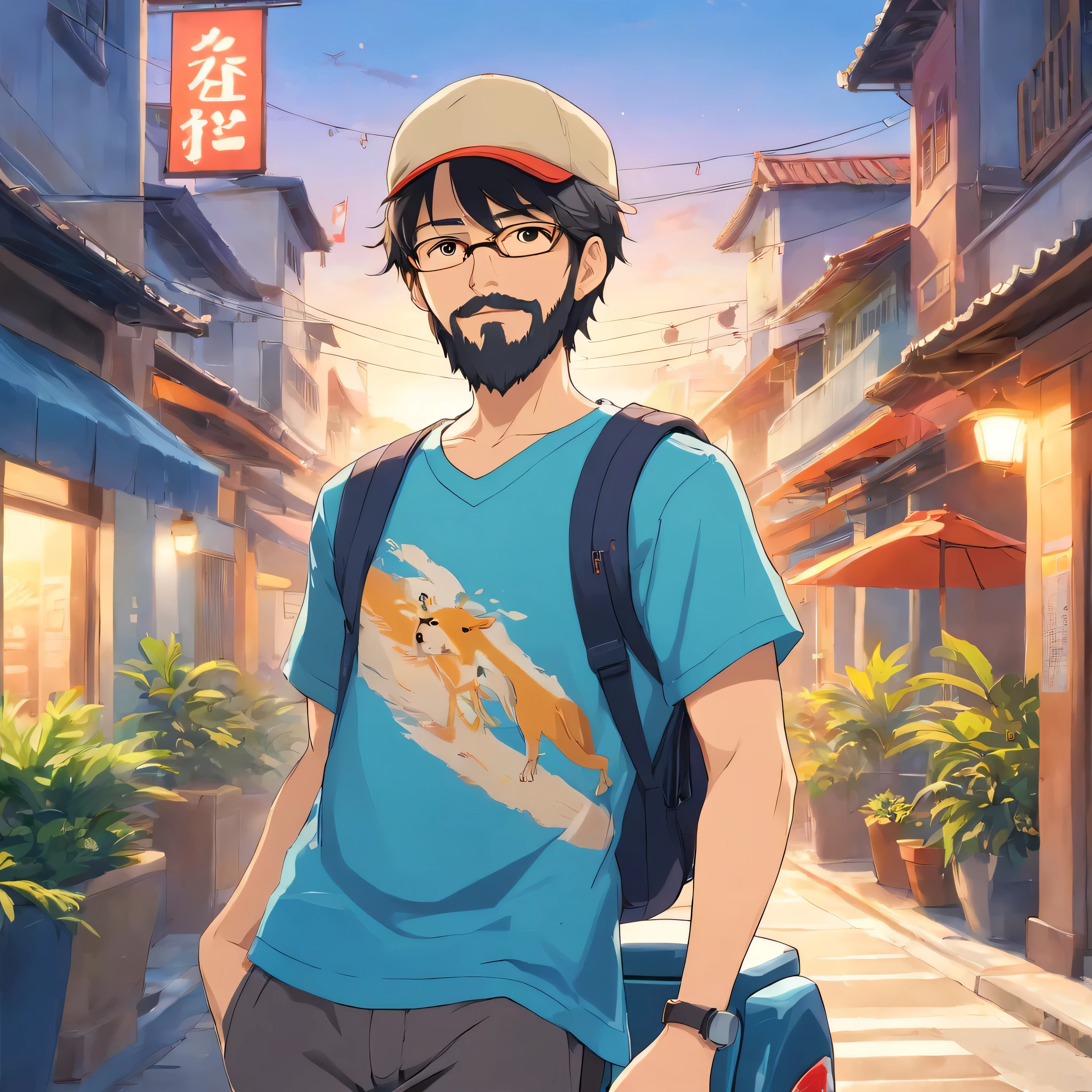 man with beard, blue shirt, hat, vespa, Balinese background, master part, um schnauzer, estilo matricial, casaco Preto, passeando no parque, walking on the sidewalk with a scarf on his head, sun glasses, Dynamic angle, melhor qualidade, 4k,