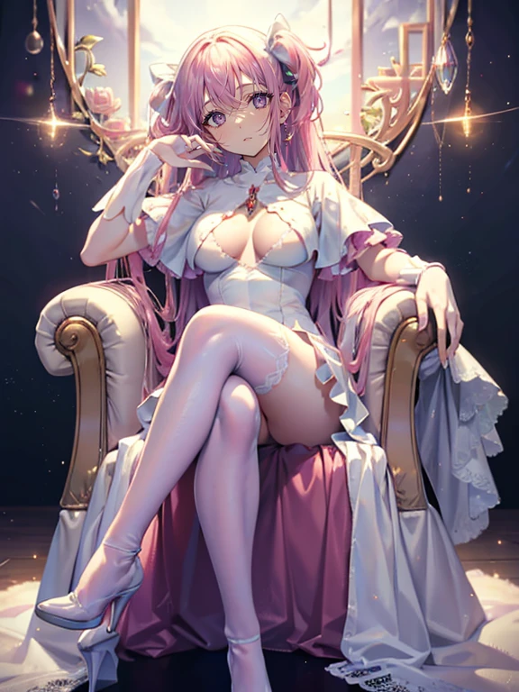 (masterpiece,best quality,ultra-detailed) beautiful and detailed face, detailed eyes, looking at viewer, full body, sitting in royal white armchair, legs crossed, kaname madoka, v white silk dress, round big breasts, white lace arm length gloves, white lace thigh highs, white high heels, pink gemstone and silver cuff bracelet, silver and pink diamond necklace, smiling, pink hair, pink eyes