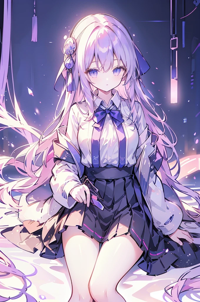masterpiece, best quality, ultra realistic illustration, 16K, (HDR), high resolution, female_solo, (white long hair:1.3) , slender hot body proportion , smiling at viewer, 1 Japanese girl with blue eyes, (wearing beautiful long white  shirt+loose cropped haori +bow tie+pleated black short skirt+stockings skirt+shoes:1.1), full-body shot, ( legs apart+showing black underwear) , (highly detailed background of ancient Japan buildings with cyberpunk style+neon lights:1.0),(pink +puple backing lighting, blue front lighting), add More Detail, Color magic,perfect fingers, girl, samurai, jp_school_uniform