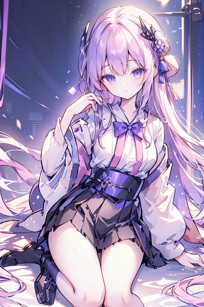 Top image quality, 1girl, solo, long_hair, looking_at_viewer, blush, bangs, skirt, hair_ornament, long_sleeves, bow, hair_between_eyes, bare_shoulders, sitting, very_long_hair, purple_eyes, flower, hair_bow, pleated_skirt, frills, parted_lips, outdoors, japanese_clothes, green_hair, shoes, day, sleeveless, socks, miniskirt, wide_sleeves, kimono, off_shoulder, :o, two_side_up, tree, blue_skirt, sleeves_past_wrists, kneehighs, sash, hands_up, wariza, obi, brown_footwear, sunlight, grass, white_socks, loafers, ribbon_trim, ribbon-trimmed_sleeves, purple_skirt, purple_bow, star_hair_ornament, red_kimono, short_kimono, ribbon-trimmed_legwear, sleeveless_kimono, pinching_sleeves,Rain,Bare chest