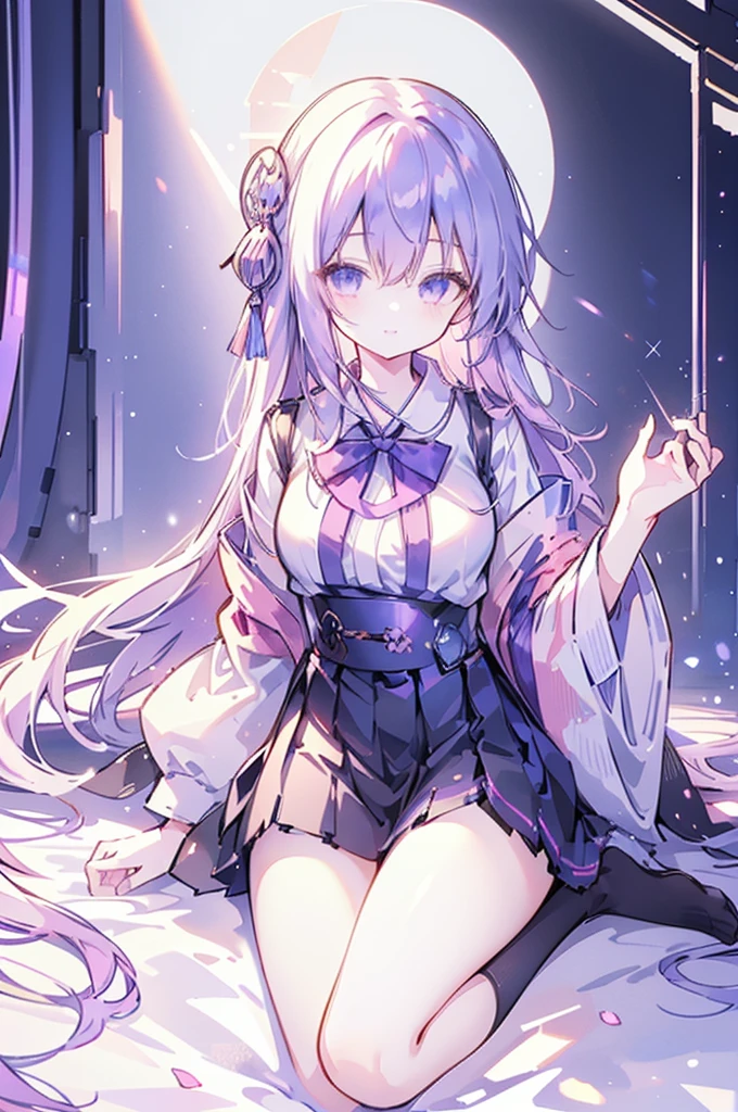 masterpiece, best quality, ultra realistic illustration, 16K, (HDR), high resolution, female_solo, (white long hair:1.3) , slender hot body proportion , smiling at viewer, 1 Japanese girl with blue eyes, (wearing beautiful long white  shirt+loose cropped haori +bow tie+pleated black short skirt+stockings skirt+shoes:1.1), full-body shot, ( legs apart+showing black underwear) , (highly detailed background of ancient Japan buildings with cyberpunk style+neon lights:1.0),(pink +puple backing lighting, blue front lighting), add More Detail, Color magic,perfect fingers, girl, samurai, jp_school_uniform