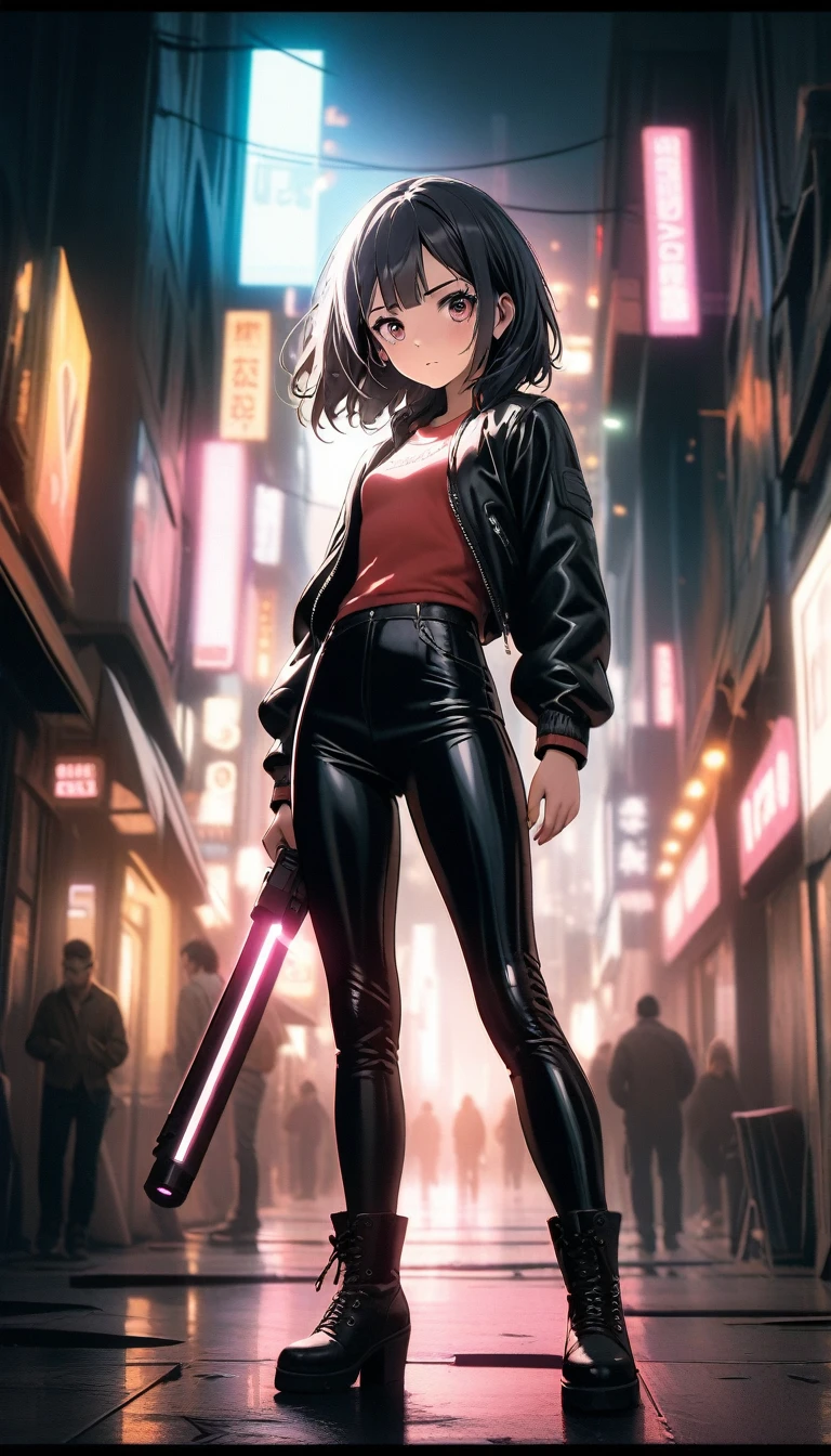 cyberpunk style,1girl,(Miyu Edelfelt),black hair,brown eyes,small chest,,Tight leather jacket and leather pants cover the whole body,High-heeled leather boots,Fight with a laser sword,Beautiful,Glowing special effects,celluloid style,Flat coating,HD,CG art,comics,8K,looking into camera,high quality,illustration,Vaporwave style,rim light,movie lighting,Super detailed,complex,OC renderer,cinematic perspective,high resolution