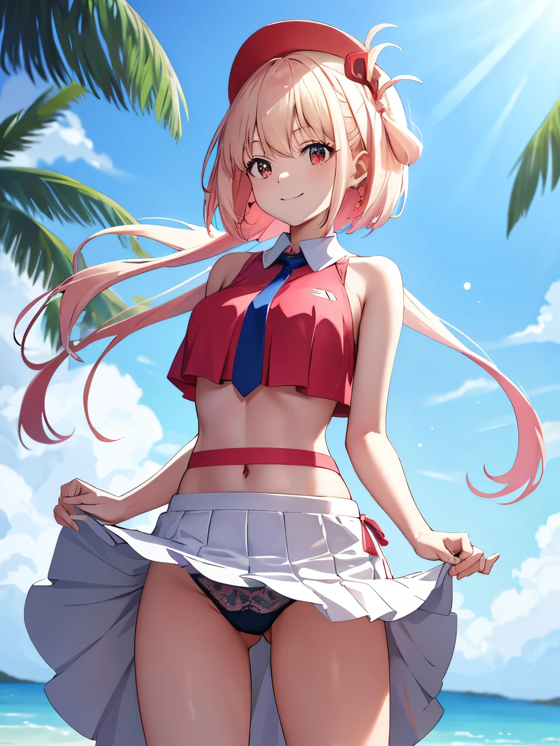 ​masterpiece, top-quality, Chisato Nishikiki、Standing picture、Platinum Blonde Hair、Anime girl with red eyes,bob cuts,Anime visuals of cute girls,Smooth Anime、an anime girl、Bikini with blue、、a straw fedora hat、Beach、mare、Staring at this、frontage、A smile、Fold your hands behind your back, anime girl in bikini standing on a beach with palm trees, wallpaper anime blue water, 4 k manga wallpaper, anime moe artstyle, anime! 4k, anime! 4 k, seductive anime girl, 4k anime wallpaper, ultra hd anime wallpaper, realistic bikini, red cute necktie, [ 4 k digital art ]!!, ecchi anime style, anime girl sitting on bed with arms crossed, an anime drawing by Jin Homura, pixiv, toropical hairribbon, anime moe artstyle, cute anime girl, marin kitagawa fanart, small curvy , nishiki chis, anime best girl, anime visual of a cute girl, young anime girl, an anime girl, pretty anime girl, anime girl, ighly detailed、​masterpiece、top-quality、Ultra-high decomposition energy A、8K High Resolution、Photogenic clarity、A detailed eye、Gradation、perfect anatomy body proportions ,hard disk、nffsw (English) ,Nikon Z9 80mm Lens , masutepiece、Model Standing、deep pink panties made of lace material、White tight t-shirt、The dress is made of white lace material(((Show me all my panties)))、(((The skirt is definitely worn)))、(((Lift skirt hem)))、panties focus、too bright natural light、Sunshine、Detailed lace panty pattern、Ordinary panties、(((while standing, Lift your skirt to show your panties to the camera)))、(((Beautiful alignment and snow-white teeth)))、(((Lift the skirt bigger and、 bigger,、Show your panties to the camera)))、Ultra Slim Body, Big breasts、Body type of slender model、Beautiful posture, In the subway、extremely highly detailed、​masterpiece、Top  Quality、超High Resolution A、8K high-definition、Photogenic clarity、A detailed eye、gradation、perfect anatomy body proportions ,hard disk、NFFSW (english) (english) (english) (english) , nikon z9 80mm lens , masutepiece、Model Standing、Red panties made of lace material
