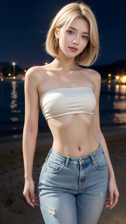 Girl (22 years old), (perfect face), 170 cm tall (blue eyes), (smile :1.2), (Sana Minatozaki), (nice makeup :1.2), wide hips, thin waist. Big, big butt, tight legs (8k best quality, masterpiece: 1.3), clear focus: 1.2, perfect body beauty: 1.4, strong abs. Highly detailed faces and skin Detailed eyes, double eyes, layers, red lips. (Blonde hair, Bob: 1.2) Black strapless micro jeans. Open the belly wide standing on the beach at night city at night Light bulbs in the background deep in the field
