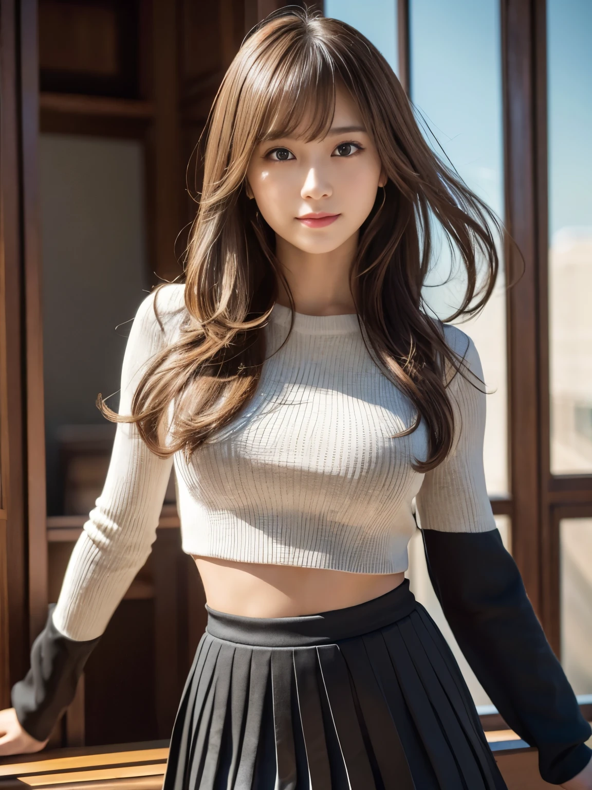 masterpiece, best quality, ultra-detailed, intricately detailed hyperdetailed, realistic, sharp features, highly detailed, sharp focus, perfect face, perfect face, perfect symmetrically perfect eyes, perfect full lips, flexible female form, cinematic, film light, hyper detailed, hyper realistic, high resolution, smile, happy, light brown hair, asymmetrical hair, asymmetrical bangs, messy hair, attractive pose, skinny gravure idol, gravure idol, pleated skirt, close up, (wearing clothes:1.3), natural lighting, black leggings, lifting skirt, dynamic pose, 