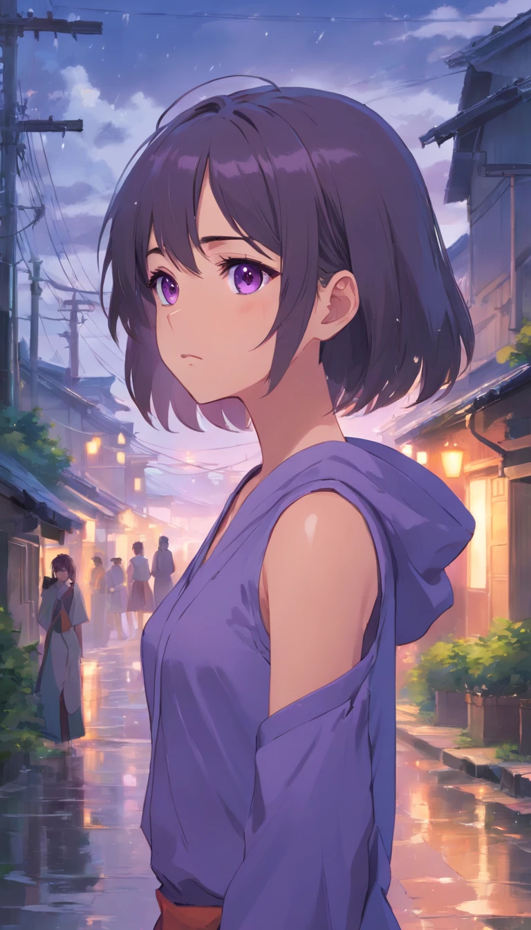 Fille, Next to, visage triste, plan large, regarde le ciel, cheveux mi long violet, Detailed gray eyes, moyens seins, Tenue fantasy, low-cut. Pluie. Destroyed village