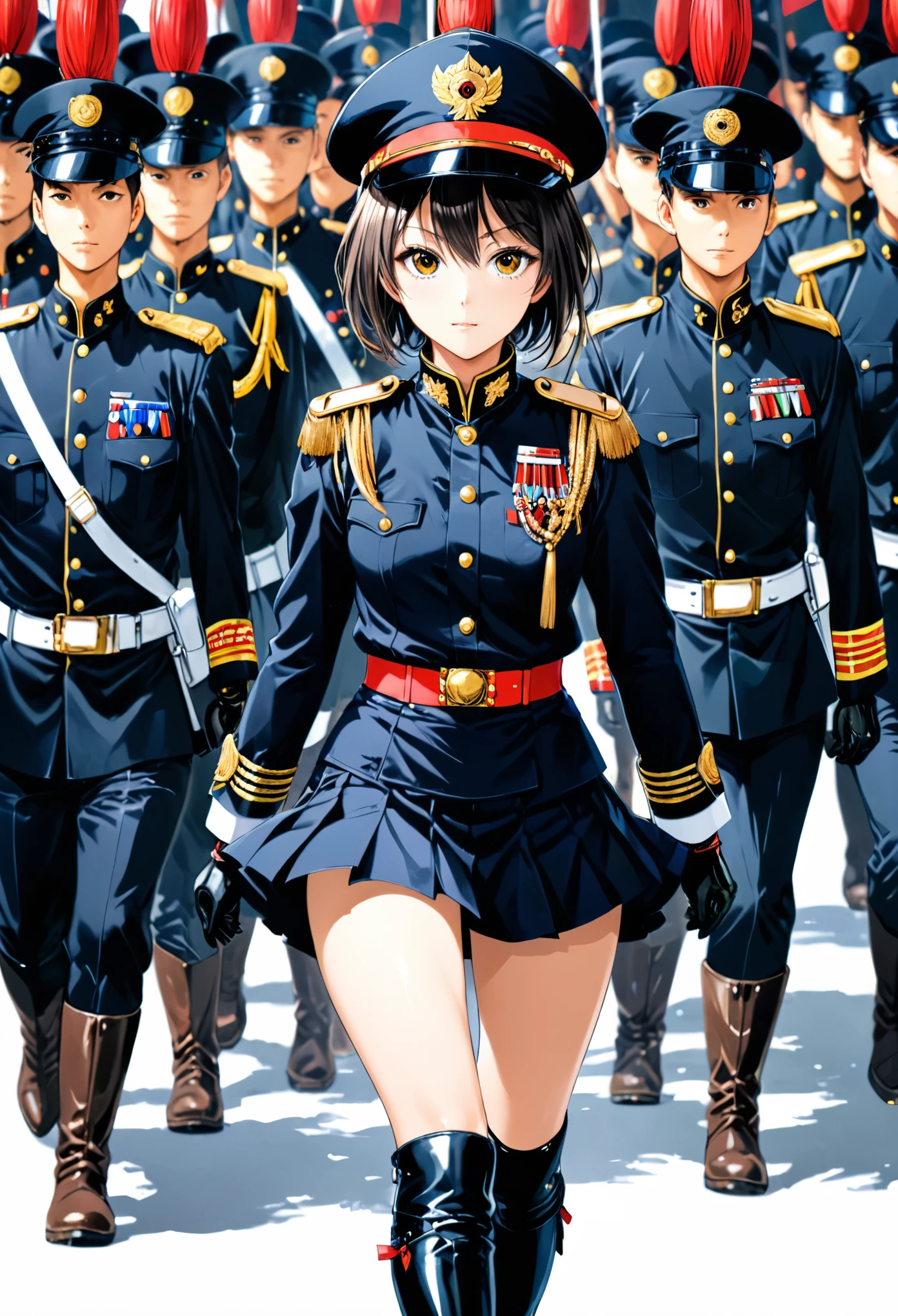 in style of Takeshi Obata,high res image,masterpiece,best quality,girl,cowboy shot,cute face,simple background,jyojifuku,marching,hat,boots,gloves,epaulettes,skirt,vivid color,