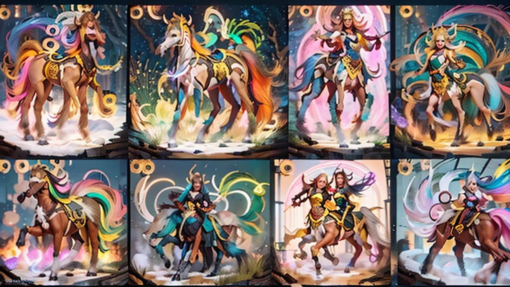 In the beautiful illustration of this super-grand scene,The ultra-distant lens shows us(More than eight distinctive Centaur characters:2.7),Their personality、Distinctive and vivid features。from(A radiant, angelic, snow-white centaur from heaven:1.1),arrive(Nightmare-like fiery red centaur surrounded by flames:1.1)、再arrive(Green Centaur, the wind fairy dancing in the air:1.1)、再arrive有(One-horned blue centaur surrounded by lightning:1.1),arrive(A mechanical-style mecha Centaur shining with metallic light:1.1)、再arrive(A powerful dragon-shaped centaur wearing colorful dragon scale leather:1.1)、再arrive(A slender elven centaur that is graceful and agile:1.1)Gracefully wears a flower crown、arrive(Enchanting and charming Tiflin centaurs:1.1)、再arrive(A succubus centaur with an indescribably sexy feeling:1.1)。Each Centaur character fully demonstrates his unique style。The illustration uses advanced artistic techniques and tools,Use nesting、Weaving、Splicing、perspective、interlude、Montage and other artistic techniques,Divide the scene into sections by geometric arrangement,Each part corresponds to a role,from而更有效地利用了空间,Make eight centaurs exist in one picture at the same time,(The style tends to be grotesque,abstract,fantasy,Gothic,Cthulhu,indescribable:3.3)。Through Midjourney's advanced brush tools、Color palette、Material packs和模型包、Texture tools,For each centaur, beautiful props are designed to increase racial characteristics、Clothing and physical features,Enhances the character's personality and visual appeal,The scenery in the illustrations is stunning,There are changing skies、rainbow、aurora、Stars and Moon。Incorporating iconic landmarks such as Mount Everest,and fireworks、Tranquil Lake、Natural and urban elements of waves and neon lights,Creates a magical atmosphere,Centaurs demonstrate their unique abilities and equipment in a variety of environments,This is true even in extreme alien landscapes。Use Midjourney's tools、Material packs、Texture tools、The color palette makes depicting details vivid and realistic,from复杂的发型和以及不同的种族特质、Body、Appearance features、服装arrive真实的纹理,Greatly improved the realism of the Centaurs and their surroundings,The fusion of multiple art styles adds dynamism to the character's movement at all angles,The overall visual experience is further enriched。The final illustration was described as a "masterpiece",It has the characteristics of "best quality" and "realistic",The details put into the creative process are shown、Level of creativity and craftsmanship。 hdr,(Reality,Masterpiece quality,Best quality)