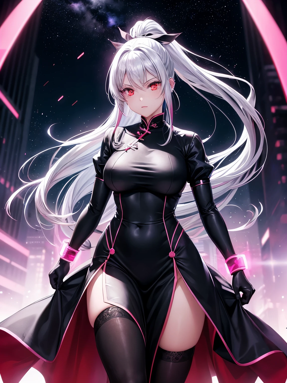 anime, (artwork, best quality, ultra-detailed, high contrast), 1 woman (Alone, full body, plus size body, standing on the edge of the skyscraper, silver hair, LONG In a ponytail, red eyes, perfect eyes ruby sparkles, (simple black qipao, black cybernetics with neon pink), transparent black socks), (skyscraper roof, overlooking a city, detailed background ((night time, Darkness, low light pollution)))