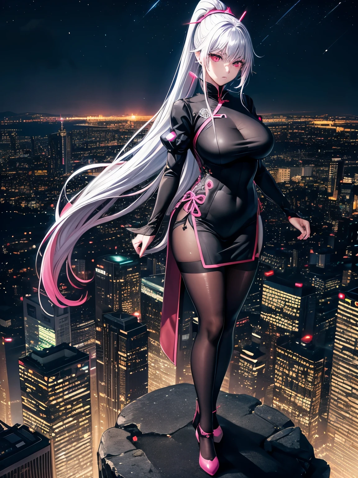 anime, (artwork, best quality, ultra-detailed, high contrast), 1 woman (Alone, full body, plus size body, standing on the edge of the skyscraper, silver hair, LONG In a ponytail, red eyes, perfect eyes ruby sparkles, (simple black qipao, black cybernetics with neon pink), transparent black socks), (skyscraper roof, overlooking a city, detailed background ((night time, Darkness, low light pollution)))