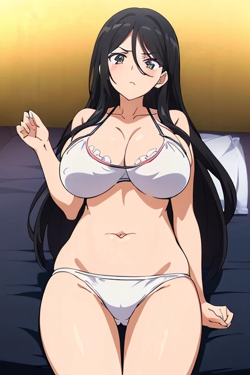 (masutepiece, Best Quality, High resolution, anime screen cap, anime colours, megami magazine:1.2, anime poster style, anime keyvisual, sharp, 8k, photorealistic), (beautiful eyes:1.5), Blowmailing, 1girl in, Cute, blush, (Long Black Hair:1.5), (Oversized large sagging breasts:1.5), cleavage, ((White Bikini:1.5, Thin fabric)), (on back:1.5, sleepy:1.5), cowboy shot, spread legs, ((Perfect Anatomy, beautifull detailed face, Beautiful detailed eyes, beautiful detailed hair, Beautiful detailed body)), thick outline, Beautiful outlines, black outlines