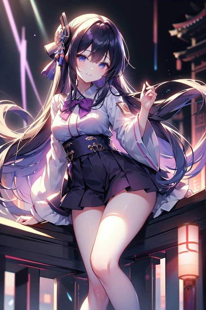 masterpiece, best quality, ultra realistic illustration, 16K, (HDR), high resolution, female_solo, (white long hair:1.3) , slender hot body proportion , smiling at viewer, 1 Japanese girl with blue eyes, (wearing beautiful long white shirt+loose cropped haori +bow tie+pleated black short skirt+stockings skirt+shoes:1.1), full-body shot, ( legs apart+showing black underwear) , (highly detailed background of ancient Japan buildings with cyberpunk style+neon lights:1.0),(pink +puple backing lighting, blue front lighting), add More Detail, Color magic,perfect fingers, girl, samurai, jp_school_uniform