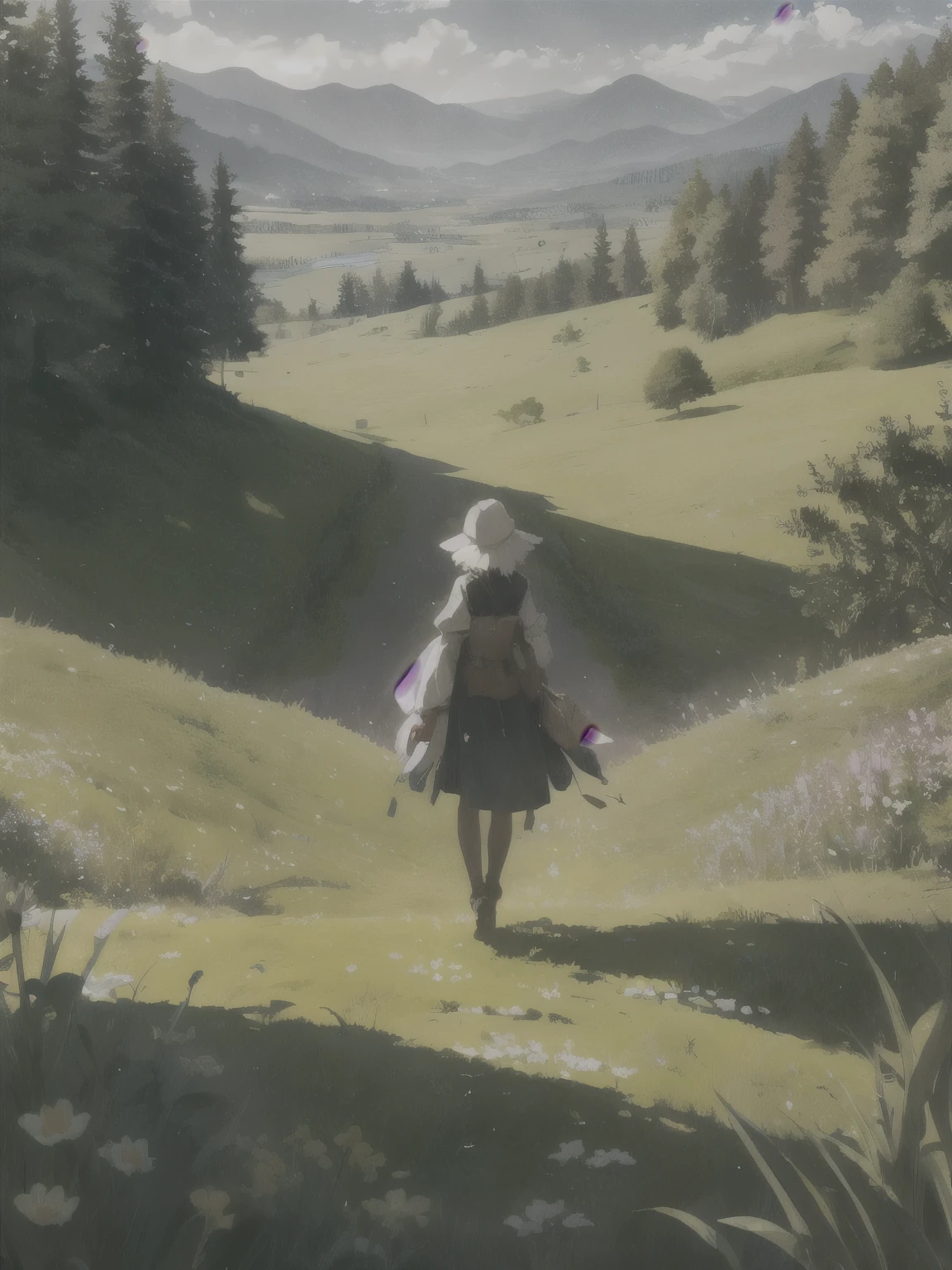 In a green meadow stands a girl leading a group of knights.
BREAK
With a brave expression, she guides them towards their destination.
BREAK
Behind her, a green forest stretches out and beyond that, mountains rise in the distance.
BREAK
The most suitable effect for this scene would be a watercolor painting technique to capture the softness of the meadow and the fluidity of the movement.