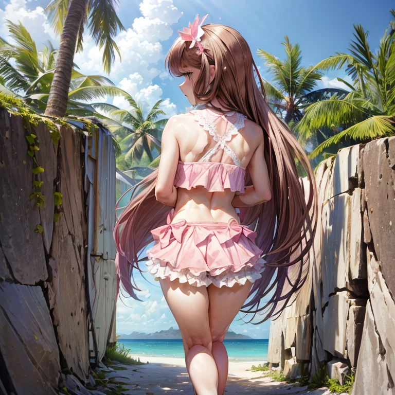 (back of a girl), at the beach, wearing a frilly pink micro skirt with but shown, wearing a frilly pink micro tank top, brown hair, blue eyes, very long hair, standing