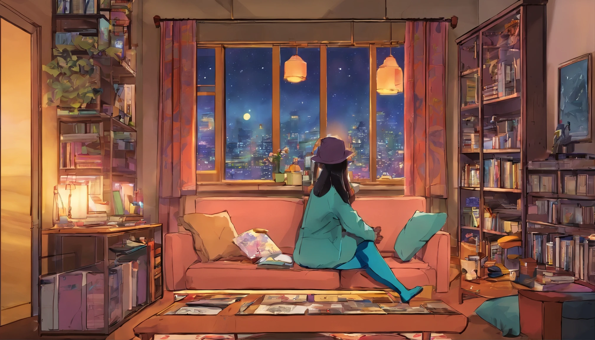 A Japanese woman is relaxing on the sofa in her room and listening to music。There are a lot of records on the shelves in the room.、You can see the stars from the large windows。The room is dimly lit with indirect lighting.