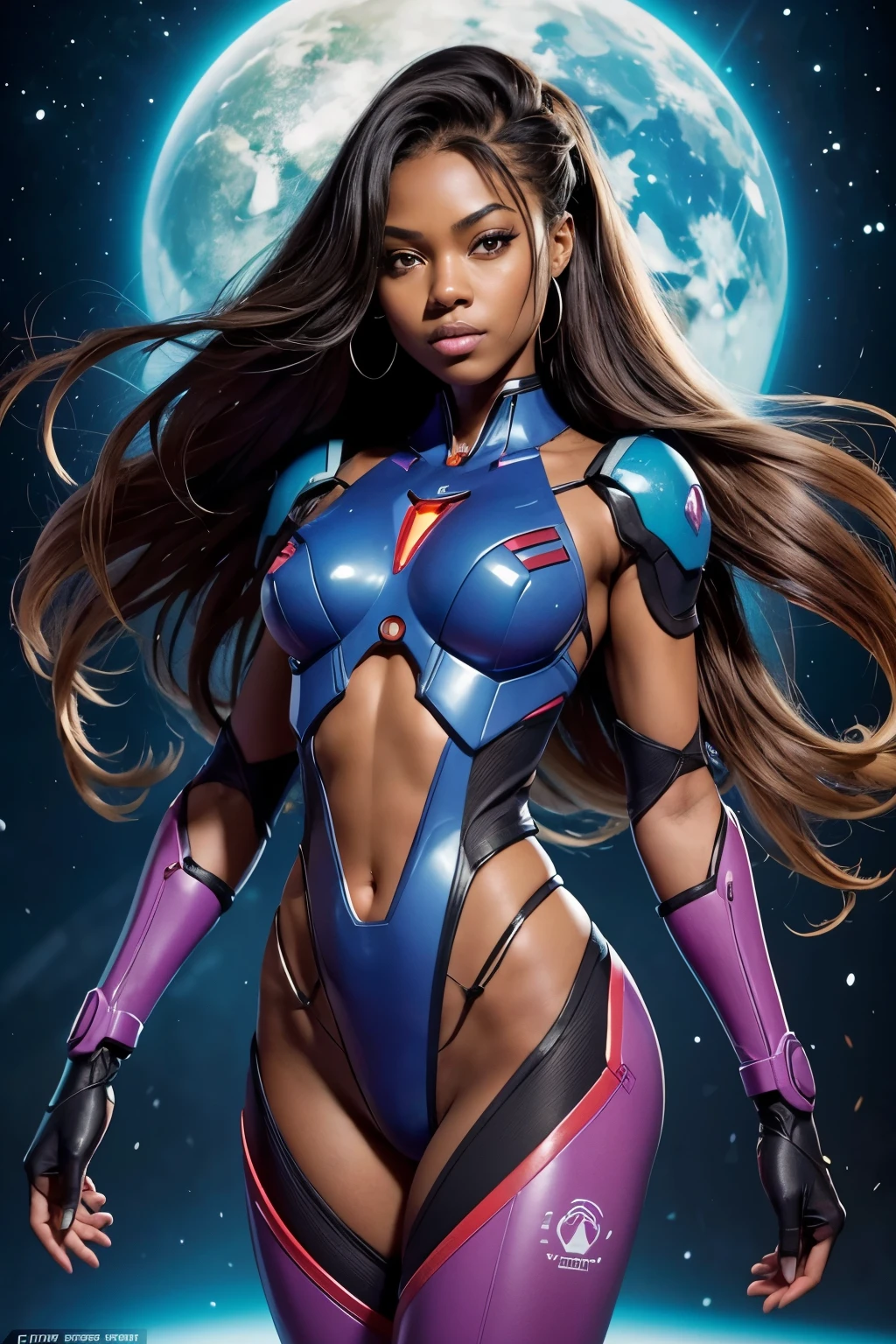 An image of a video game splash screen, First Descendant style, full body portrait of a ((dark-skinned beautiful African woman: 1.7)) with very long black hair, strong body, thick anime body, wearing black gold and hot pink translucent armor, concept art, full body, (masterpiece:1.2), (best quality:1.3), 4K, ultra HD |, ((master part))), (((best quality))), ((ultra detail)),(Highly detailed CG illustration), Cinematic light, camera: Choose an angle that highlights the beauty of the character. resolution: Aim for a high-resolution artwork to showcase intricate details and clarity