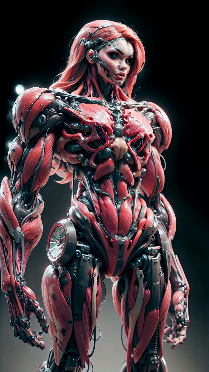 (1 girl), (megan fox:1.25), (muscular android girl wearing a red anatomic bio-mecha cybernetic muscle suit:1.25), (wide shoulders:1.25), (muscular defined physique:1.25), perfect hands, (long hair:1.25), looking at viewer, high resolution image, extreme detail, blank background