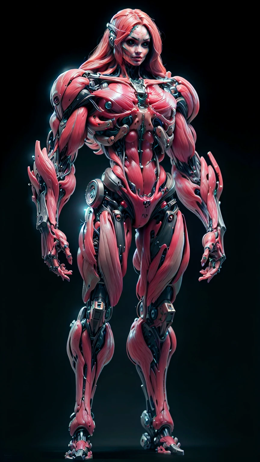 (1 girl), (megan fox:1.25), (muscular android girl wearing a red anatomic bio-mecha cybernetic muscle suit:1.25), (wide shoulders:1.25), (muscular defined physique:1.25), perfect hands, (long hair:1.25), looking at viewer, high resolution image, extreme detail, blank background