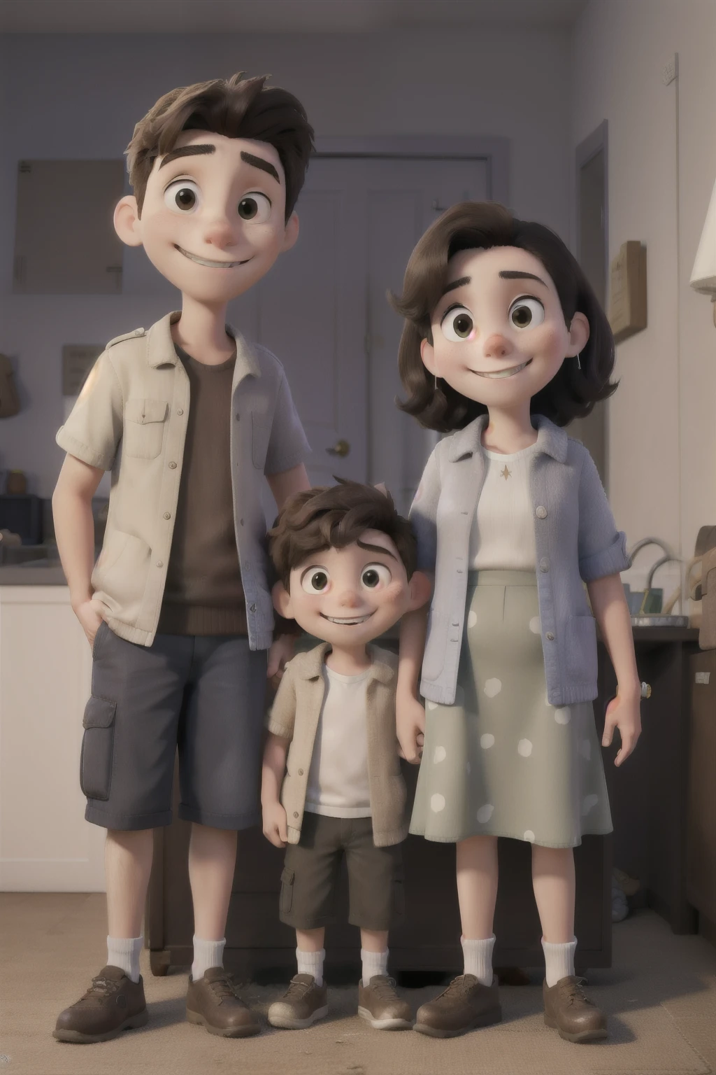 Retrato plano medio de una Madre junto a sus dos hijos, The oldest will be an 18-year-old man and the youngest will be a . They will be happy and smiling towards the front.